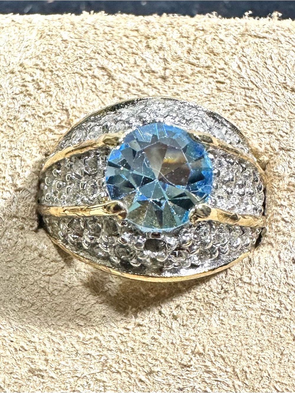 Vtg: 18KG Plated Large Round Blue Gemstone w/Rows of Pave a Rhinestone’s